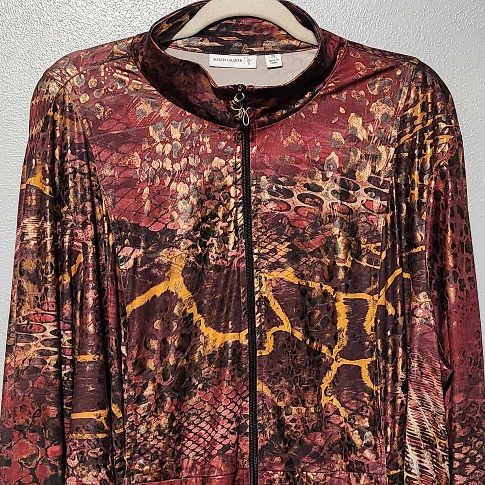 SUSAN GRAVER Zip Front Jacket Womens Plus 2X Red Brown Animal Snake Print Shiny - Picture 3 of 13